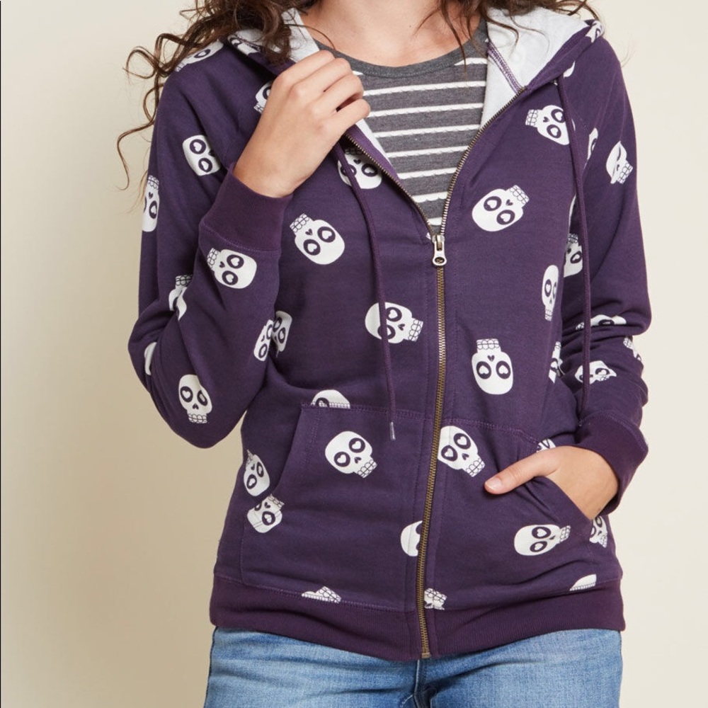 ModCloth Purple Skull Zipper Hoodie